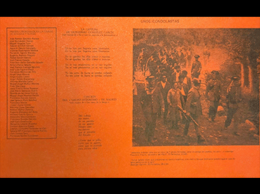 Unos iconoclastas y Los amigos internacionales. A los libertarios. Folleto, 1981. Colección BNF, Fondo Guy Debord. En la imagen, se aprecia las canciones populares sobre los militantes españoles encarcelados en Segovia en 1978. 