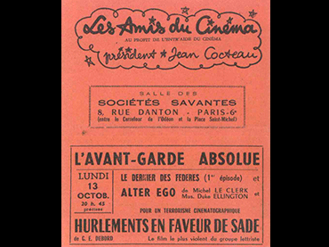 Anónimo. Anuncio de la proyección de Hurlements en faveur de Sade. Cartel, 1952