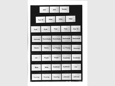 Tiras de contactos con los nombres utilizados para Listen, Here, Now, 1968. Puesta en escena de Palabras ajenas en el Arts Lab de Londres, dirigida por Leopoldo Maler. Archivo de Leopoldo Maler, República Dominicana