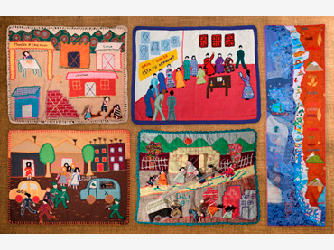 Conjunto de cinco arpilleras realizadas en Chile en la década de 1980 y 2009, una de ellas donada por Roberta Bacic. Depósito indefinido de la Fundación Museo Reina Sofía, 2023. Fotocollage: Roser Corbera © Conflict Textiles