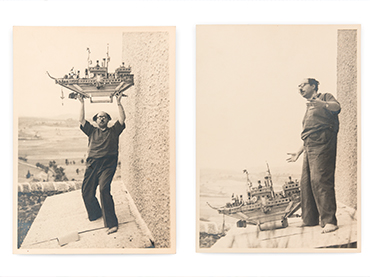 Francesc Tosquelles en el tejado del edificio de dirección del Hospital Psiquiátrico de Saint-Alban-sur-Limagnole, con un barco de Auguste Forestier, 1947. Fotografía: Romain Vigouroux, Collection famille Ou-Rabah Tosquelles. Reproducción fotográfica: © Roberto Ruiz