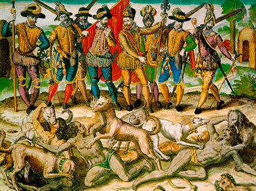 Theodore de Bry, Los perros de Vasco Núñez de Balboa (1475-1571) atacando a los indios, s. f. Archivo Arkhé