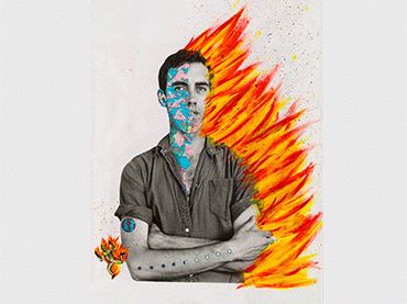 David Wojnarowicz con Tom Warren, Autorretrato de David Wojnarowicz, 1983–84, Acrílico y collage sobre gelatinobromuro de plata, 148,6 × 99,1 cm, Colección de Brooke Garber Neidich y Daniel Neidich. Fotografía: Ron Amstutz