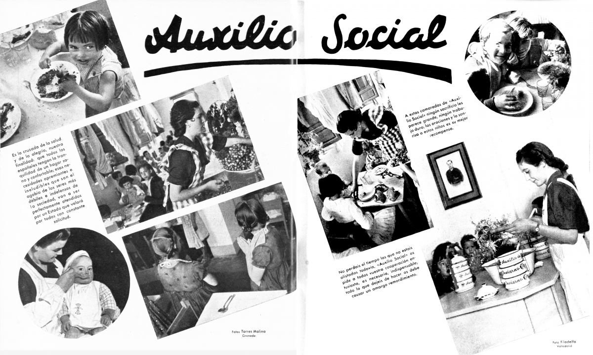 “Auxilio Social”, Y: revista de la mujer nacional sindicalista, n.º 1, febrero de 1938. [Madrid]: Sección Femenina de Falange Española y Tradicionalistas de las JONS, 1938-[1945?]. Fondos del Centro de Documentación del MNCARS 