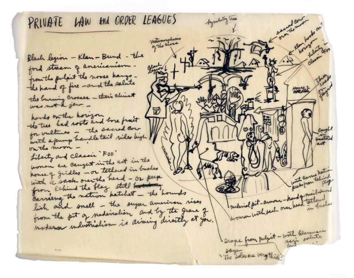 David Smith, Study for ‘Private Law and Order Leagues’ (Medals for Dishonor), 1938-39. Ink on tracing paper, 9 ¼ x 11 ½ in. (23.9 x 29.2 cm). (c) Estate of David Smith/VAGA, NY. Photo by Robert McKeever, courtesy Gagosian Gallery.