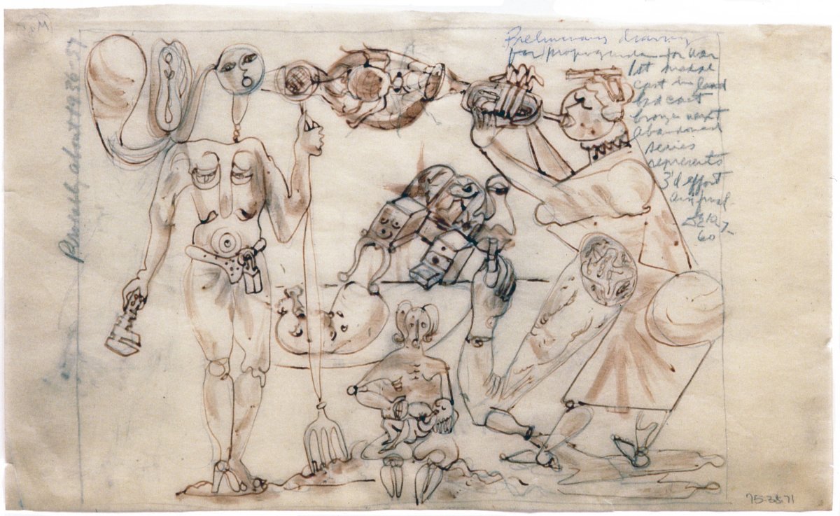 David Smith, Study for Preliminary Version of ‘Propaganda for War’ (Medals for Dishonor), 1938-39. Red ink and pencil on tracing paper, 8 ¼ x 13 ¾ in. (21 x 34.9 cm). (c) Estate of David Smith/VAGA, NY.