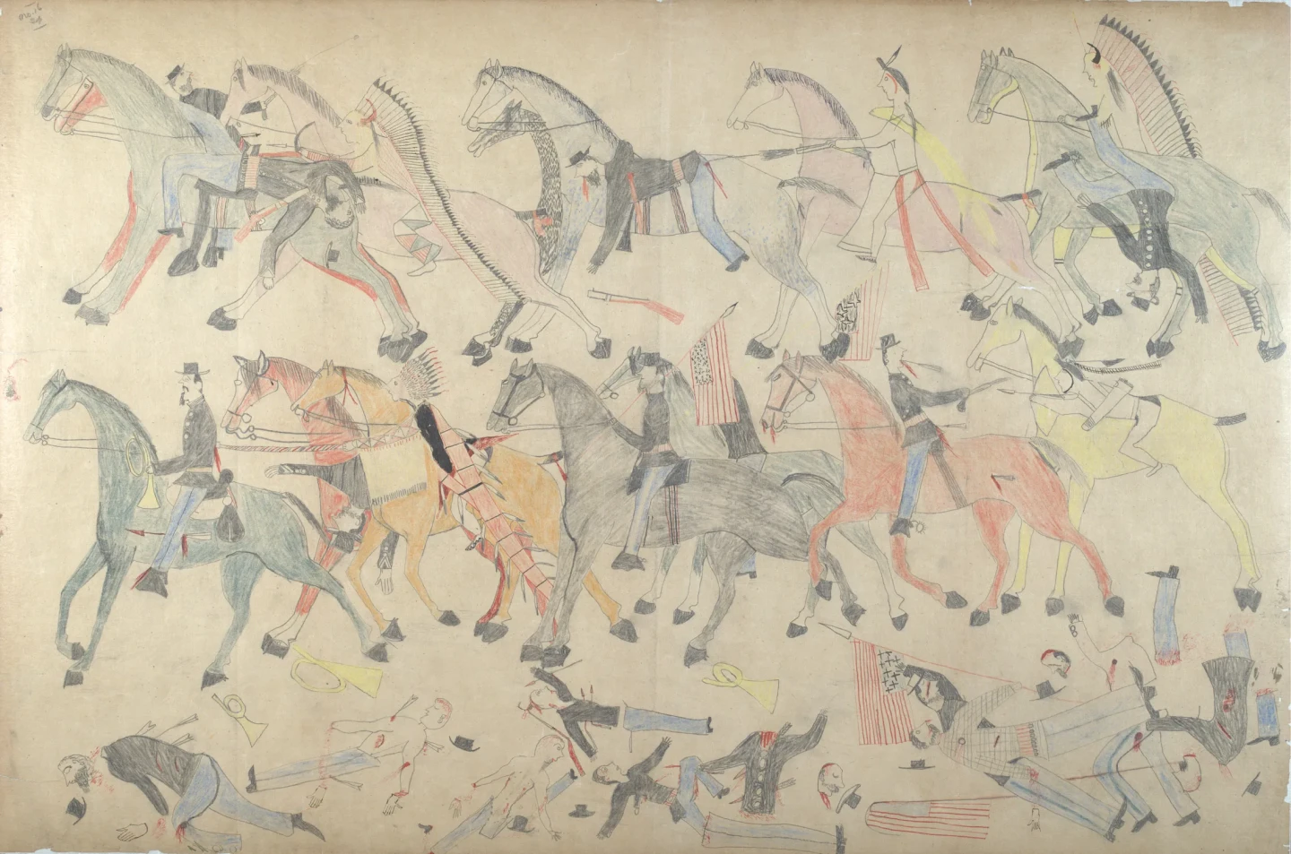 Red Horse, Red Horse’s depiction of the destruction of Custer’s command at the Battle of the Little Bighorn [Representación de la destrucción del ejército de Custer en la Batalla de Little Bighorn realizada por Caballo Rojo], 1881, grafito, coloreado a lápiz y tinta. Archivos Nacionales Antropológicos, Smithsonian Institution, Departamento de Antropología / Wikimedia-Commons