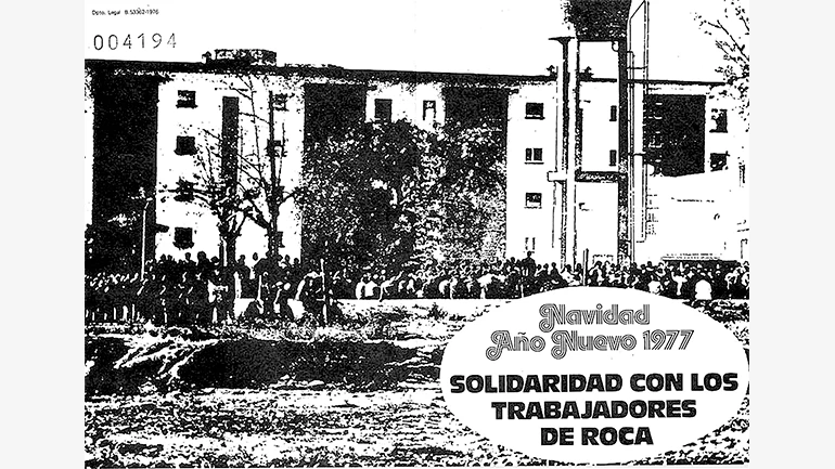 “Navidad, Año Nuevo 1977. Solidaridad con los trabajadores de Roca”, recorte de prensa. Vanguardia obrera, nº 166, p. 11, 1977