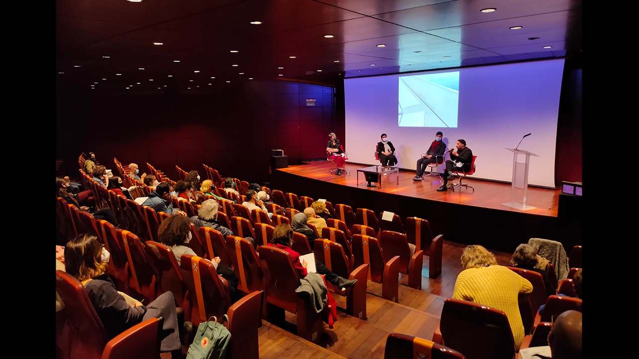 Jornada del encuentro Entre tantas, 2021. En la imagen (de izquierda a derecha): Susana Moliner, Safaa Erruas, Younes Rahmoun y Karim Rafi. Fotografía: Celia Maldonado