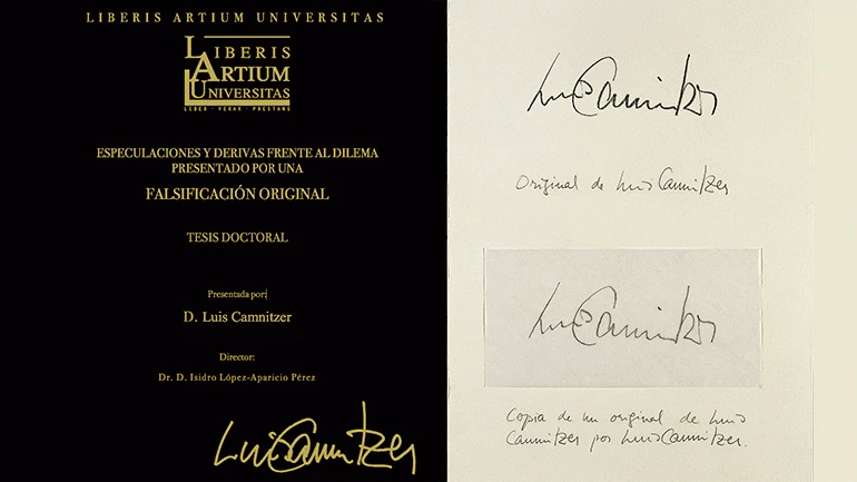 Tarjeta de la presentación de la tesis de Luis Camnitzer Especulaciones y derivas frente al dilema presentado por una “Falsificación Original”; Luis Camnitzer, Copy, 1972 © Luis Camnitzer, Madrid, 2018
