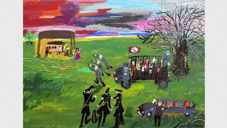 Ceija Stojka. Gefangennahme und Abtransport (Arresto y deportación), 1995. Acrílico sobre cartón, 70 x 100 cm. Wien Museum, Viena. © Ceija Stojka, VEGAP, Madrid, 2019. Fotografía: © Wien Museum / Birgit y Peter Kainz