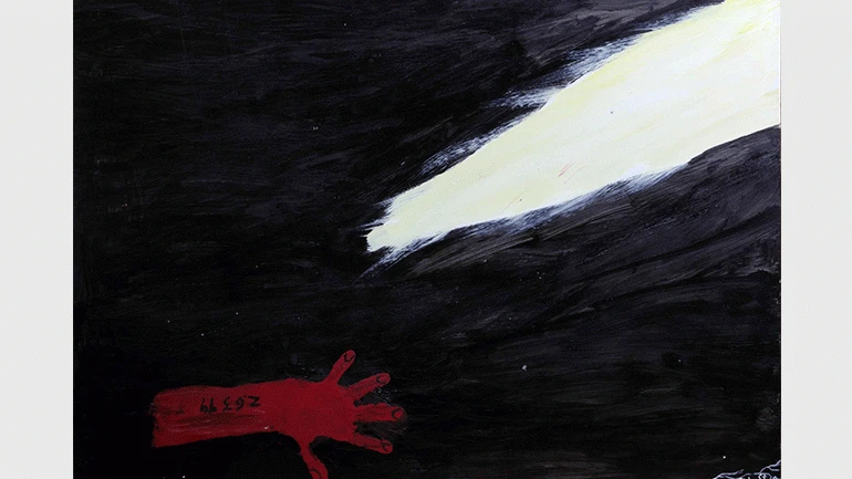 Ceija Stojka. Z 6399, 1994. Acrílico sobre cartón, 70 x 100 cm. Colección particular, París. © Ceija Stojka, VEGAP, Madrid, 2019. Fotografía: © Célia Pernot
