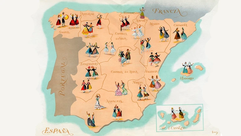 Ricardo Summers Isern.Ilustración del programa Canciones y Danzas de España. Sección Femenina de Falange Española Tradicionalista y de las JONS, Madrid, 1953