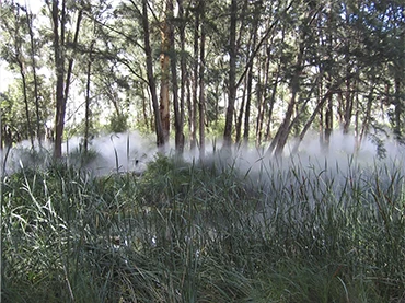 Fujiko Nakaya, Fog Sculpture #94925. Foggy Wake in a Desert: An Ecosphere. Sculpture Garden, Australian National Gallery, Canberra, 1983. Fotografía: Bertie Mabootoo (CC BY 2.0)