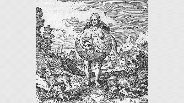 Michael Maier. Nutrix eius terra est, emblema nº 2 de su libro Atalanta Fugiens, 1617