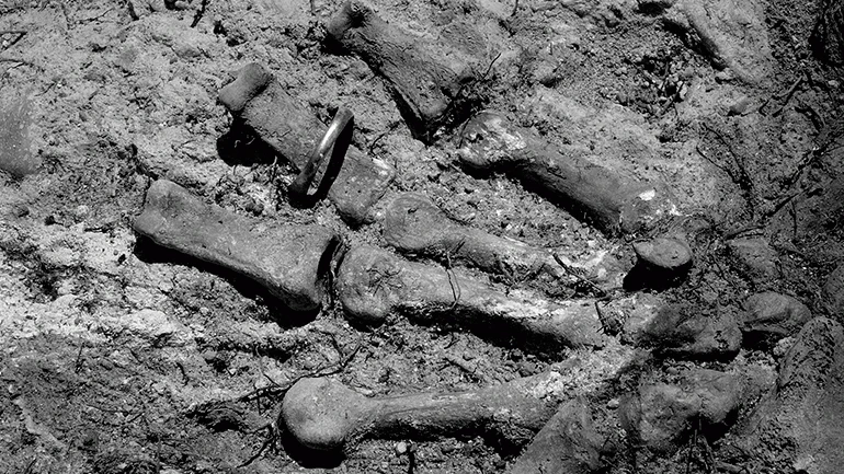 Exhumación de los restos de 46 personas excarceladas de la prisión privincial de Burgos (24 septiembre,1936). Fosa común en las inmediaciones de la carreta de Madrid. Villamayor de los Montes (Burgos), 2004. Foto: Clemente Bernard