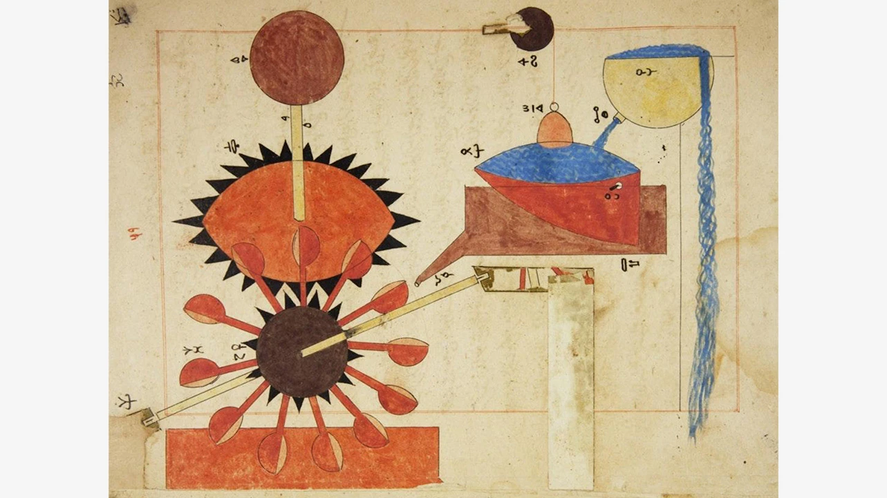 Ilustración en El libro del conocimiento de dispositivos mecánicos ingeniosos, de Al-Jazari, 1206