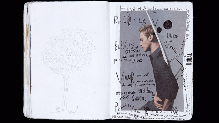 Diego Figari Llop. Sin título, cuaderno Moleskine. Collage y manuscrito a tinta, 2011. Donación de Luis Salaberria, 2013