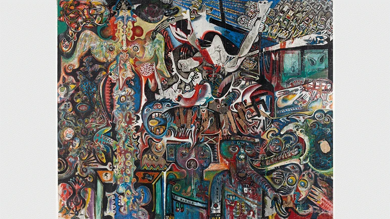 Enrico Baj, Roberto Crippa, Gianni Dova, Erro, Jean-Jacques Lebel, Antonio Recalcati. Grand tableau antifasciste collectif. Pintura, 1960. Fonds de dotation Jean Jacques Lebel