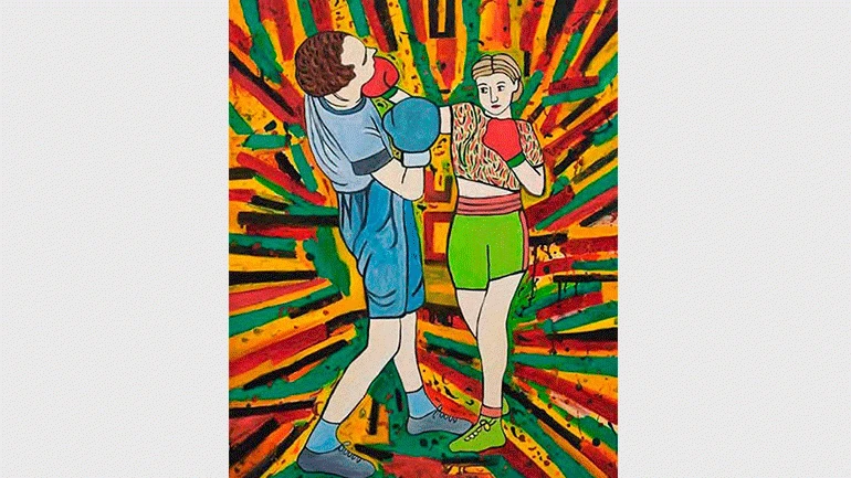 Susan Bee,Pow! [¡Zas!], Óleo, aceite y arena sobre lienzo, 76 x 61 cm, 2014. Cortesía de la artista