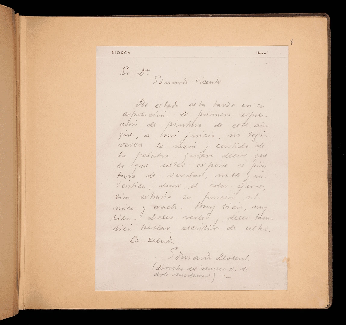 Carta manuscrita de Eduardo Llorent a Eduardo Vicente, 1941. Álbum 1941-1943. Archivo Biosca, Biblioteca y Centro de Documentación del Museo Reina Sofía