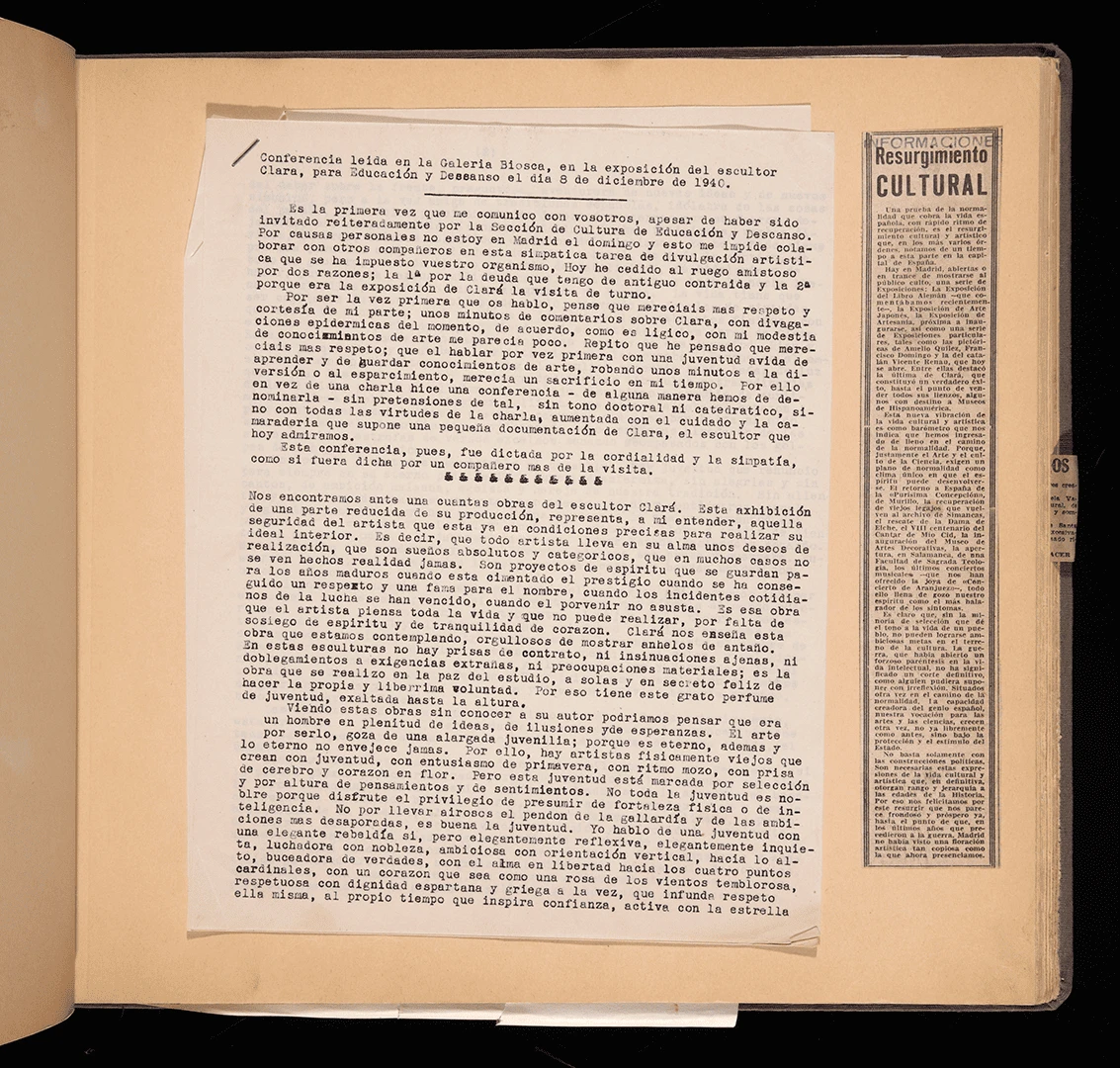 Texto de la conferencia de José Prados López leída en la exposición dedicada a José Clará, 1940. Álbum 1940-1941. Archivo Biosca, Biblioteca y Centro de Documentación del Museo Reina Sofía