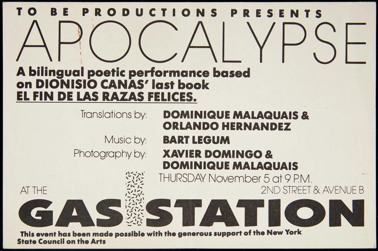 Invitación a la performance de Dionisio Cañas que tuvo lugar en Gas Station, Nueva York, 1987. Archivo Dionisio Cañas. Biblioteca y Centro de Documentación del Museo Reina Sofía