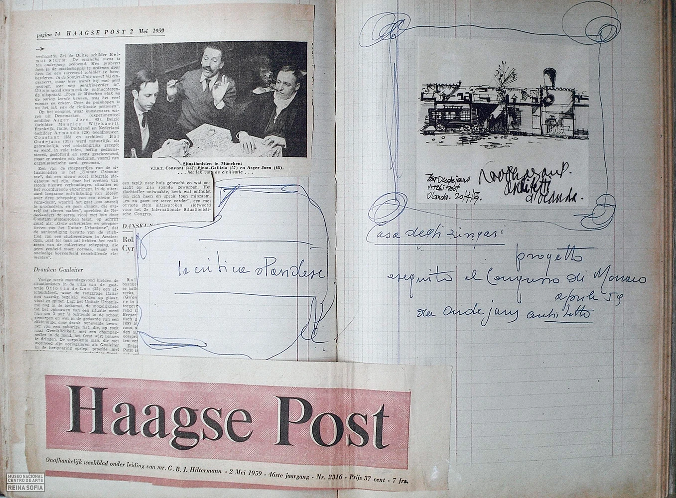 Páginas del diario de Pinot Gallizio: Congresso di München [recorte de prensa de Haagse Post, 1959] y página de Oudejans, Congresso di Monaco, 1959. Fondo Archivio Gallizio. Biblioteca y Centro de Documentación del Museo Reina Sofía