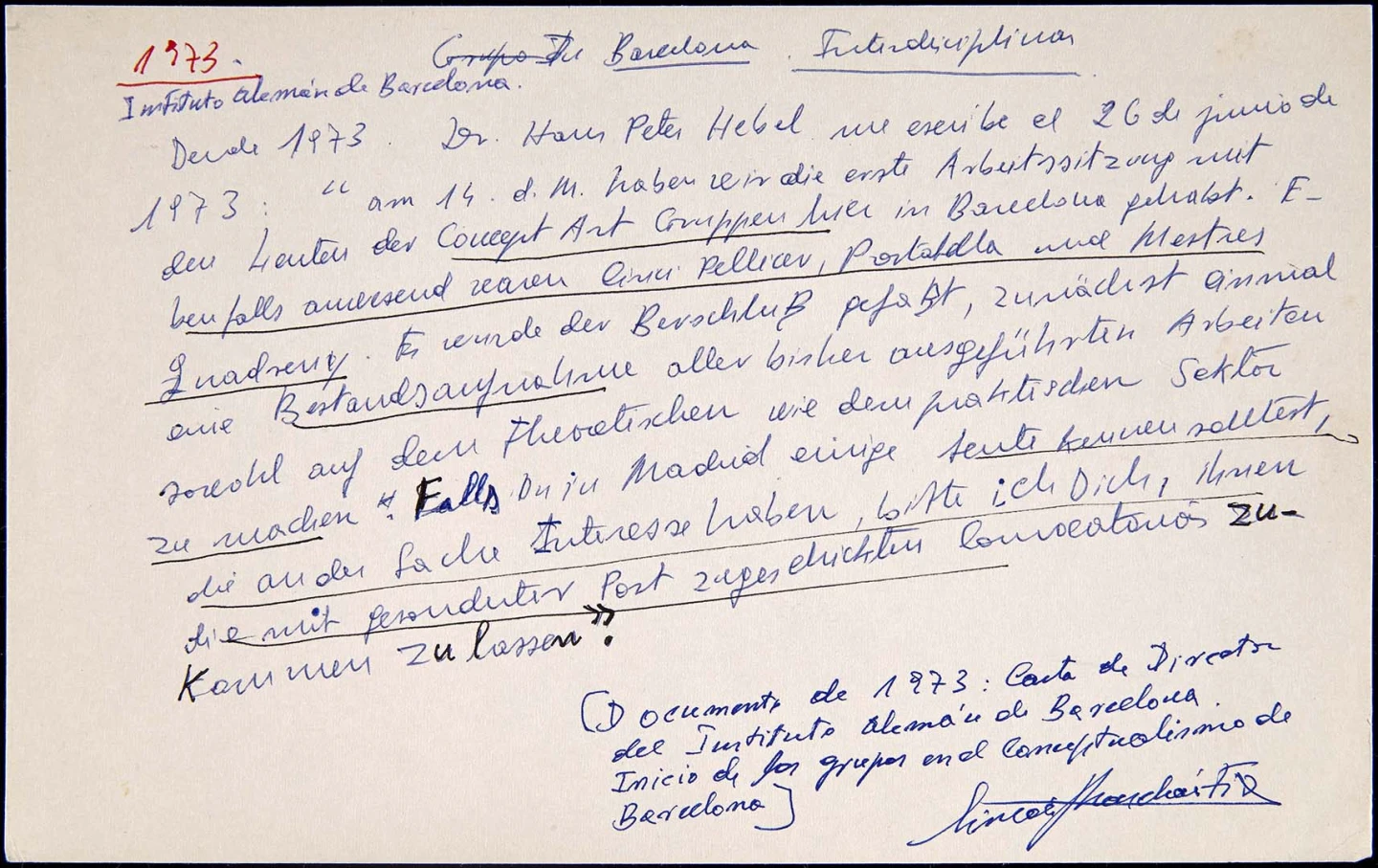 Nota manuscrita de Simón Marchán Fiz sobre las actividades del Instituto Alemán de Barcelona, 1973. Archivo Marchán/Quevedo. Biblioteca y Centro de Documentación del Museo Reina Sofía