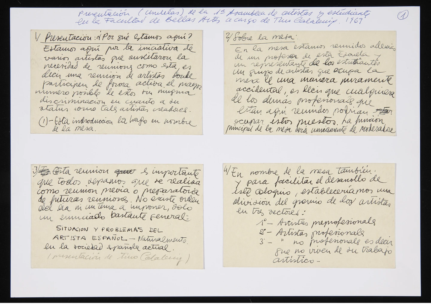 Notas para la presentación de la 1ª Asamblea de Artistas y Estudiantes en la Facultad de Bellas Artes a cargo de Tino Calabuig, 1969. Archivo Redor-Calabuig. Biblioteca y Centro de Documentación del Museo Reina Sofía