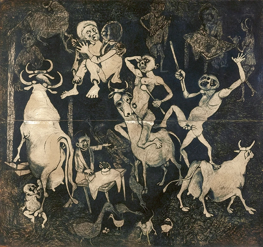 Dumile Feni, African Guernica [Guernica africano], 1967. Carboncillo y lápiz sobre papel, 218 × 226 cm.  National Heritage and Cultural Studies Centre, University of Fort Hare. © Estate Dumile Feni and Dumile Feni Family Trust