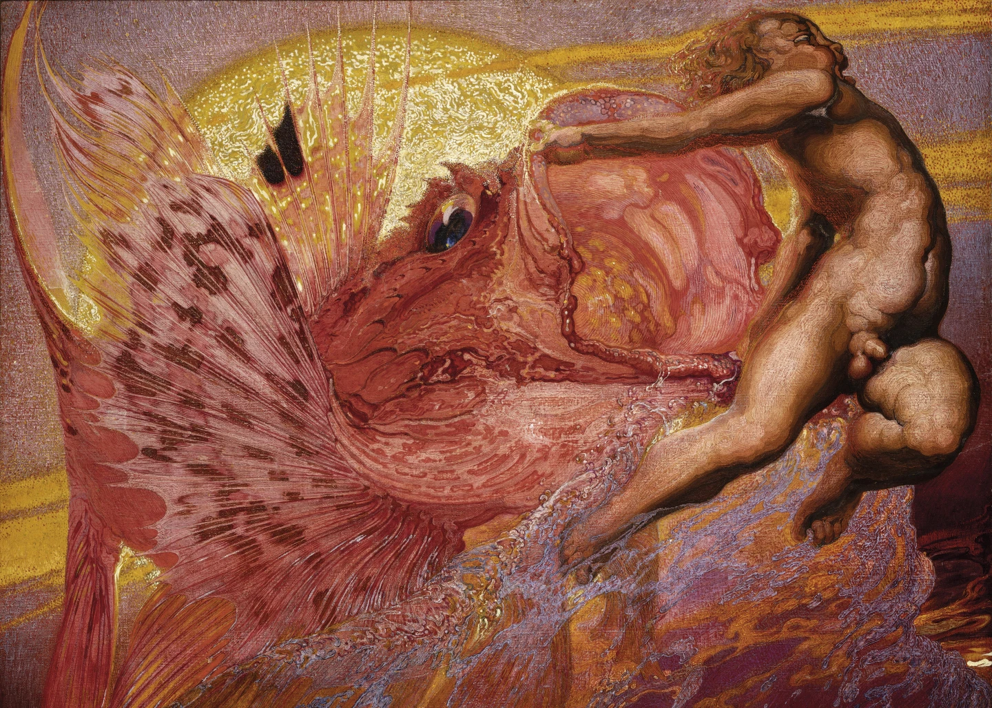 La obra "La tarde" de Néstor muestra el océano Atlántico al atardecer, con tonos cálidos del sol poniente reflejados en el agua y un cielo anaranjado y rosado en el horizonte.