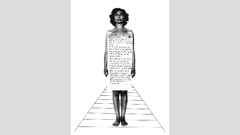 Esther Ferrer, Biografía para una exposición, 1982. Collage. Photography and ink on paper. 32,5 x 24 cm. Courtesy of the artist