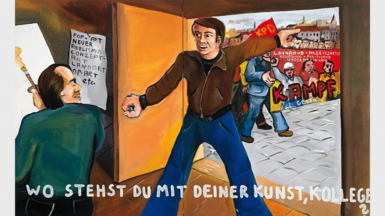 Jörg Immendorff. Wo stehst du mit deiner Kunst, Kollege?, 1973. Musée d’Art Moderne de la Ville de Paris. © The Estate of Jörg Immendorff, Courtesy Galerie Michael Werner Märkisch Wilmersdorf, Cologne &amp; New York. Photography: Eric Emo/Parisienne de Photographie. Acrylic on canvas, 130 x 210 cm 