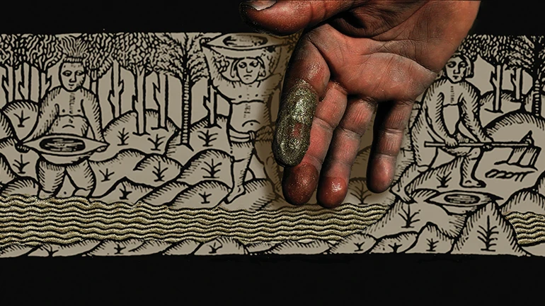 Indios lavando oro. Grabado del cronista Gonzalo Fernández de Oviedo y Valdés en Historia general y natural delas Indias, isla y tierra-firme del mar océano. Archivo Mapa Teatro