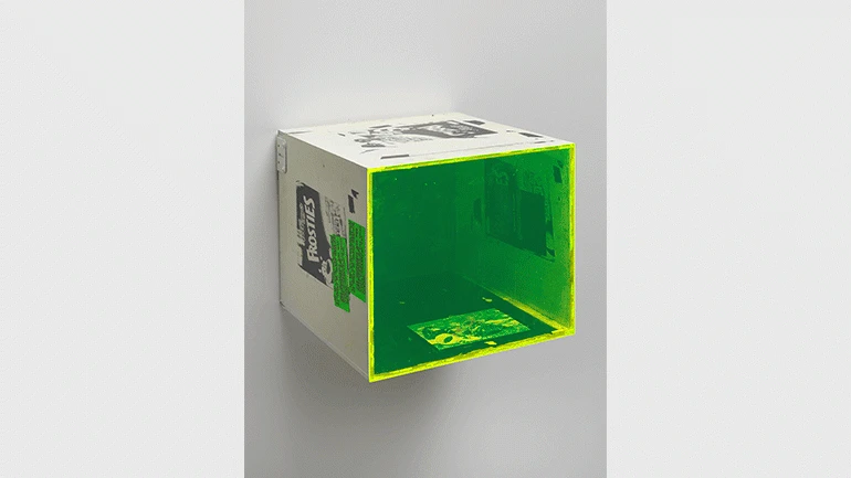 Henrik Olesen. Naked Lunch Box, 2018. Serigrafía sobre madera, acrílico, laca, impresión de tinta sobre papel, plexiglás, 37 x 44 x 44 cm. Fotografía: Jens Ziehe