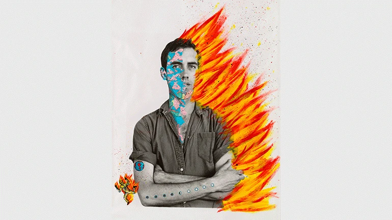 David Wojnarowicz con Tom Warren, Autorretrato de David Wojnarowicz, 1983–84, Acrílico y collage sobre gelatinobromuro de plata, 148,6 × 99,1 cm, Colección de Brooke Garber Neidich y Daniel Neidich. Fotografía: Ron Amstutz