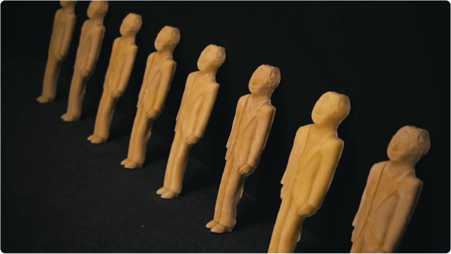 Un grupo de figuras de cera que representan a un hombre trajeado están colocadas en línea, apoyadas sobre un fondo negro.