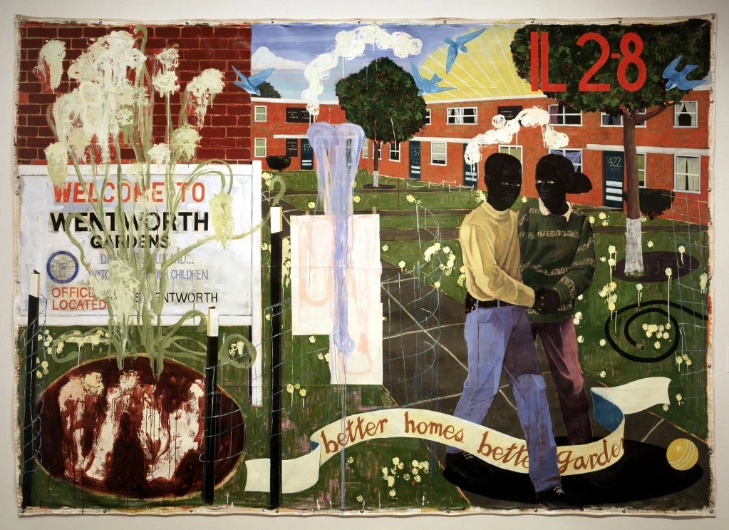 Kerry James Marshall. Better Homes, Better Gardens, 1994. Denver Art Museum Collection: Fondos de Polly y Mark Addison, the Alliance for Contemporary Art, Caroline Morgan, y Colorado Contemporary Collectors: Suzanne Farver, Linda y Ken Heller, Jan y Frederick Mayer, Beverly y Bernard Rosen, Annalee y Wagner Schorr, y donantes anónimos, 1995.77 © Fotografía de Kerry James Marshall cortesía del Denver Art Museum