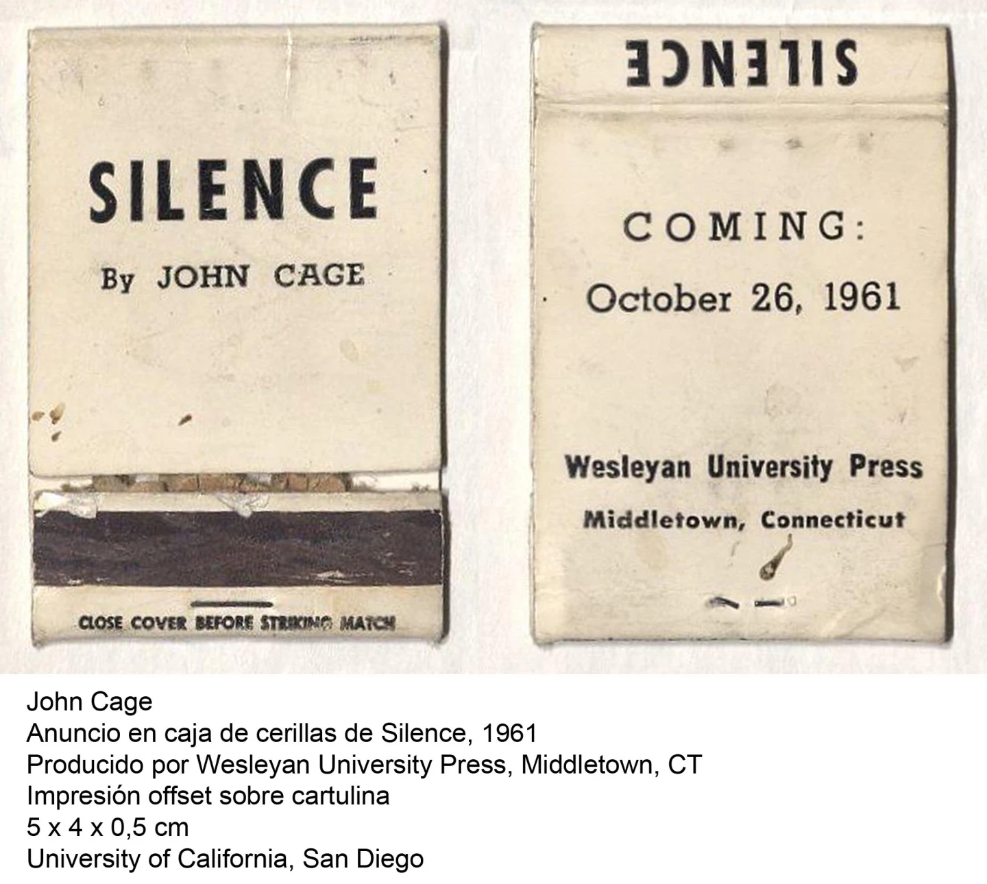 John Cage, Anuncio en caja de cerillas de Silence, 1961