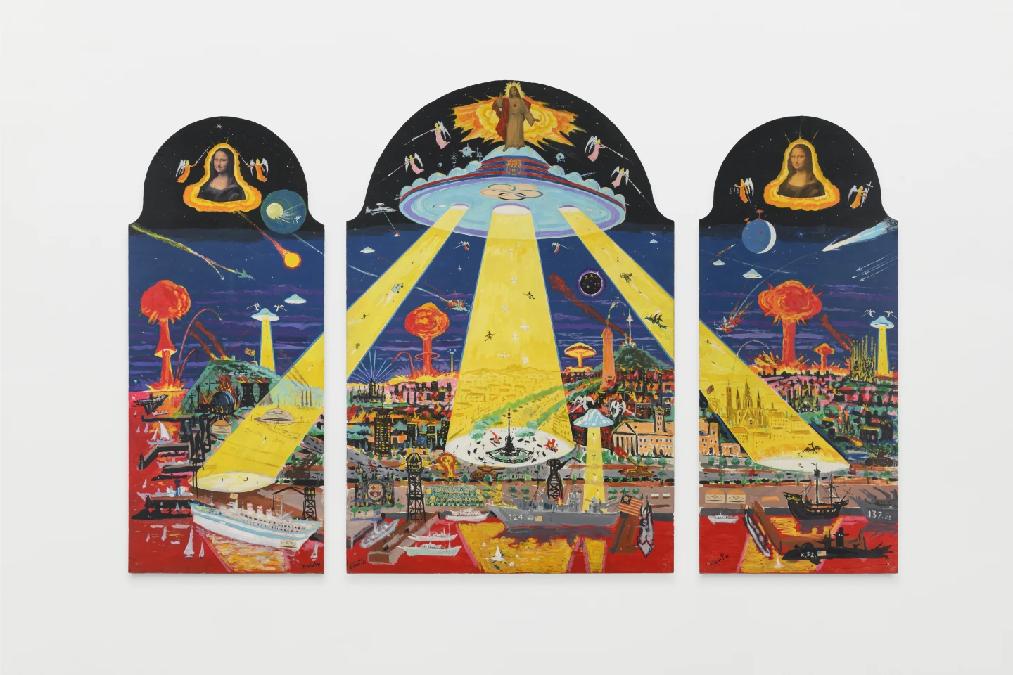 Joan Gelabert, Tríptic de Barcelona (1988), Técnica mixta sobre madera (140 x 60 cm, 150 x 100 cm y 140 x 60 cm) © Joan Gelabert. Museo Reina Sofía.