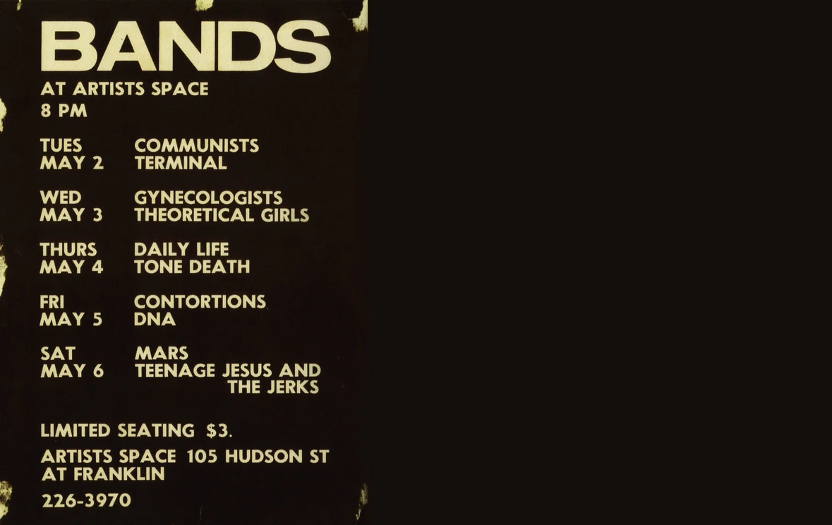 Cartel: Artists Space, del libro de COLEY, B., MOORE, T., No Wave. Post-punk. Underground. New York. 1976-1980. Nueva York, Abrams Image, 2008