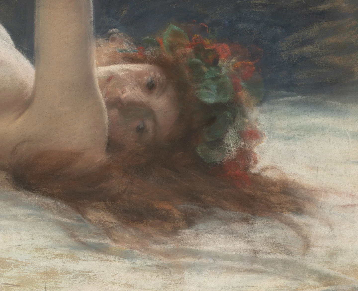 Long, vibrant strokes applied to the hair of the female figure
