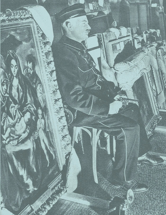 Funcionario de Ginebra guarda La sagrada familia de El Greco. Imagen reproducida en "El Museo del Prado en Ginebra", artículo de Luis G. de Candamo publicado en la revista Mundo Hispánico, nº 65, 1954