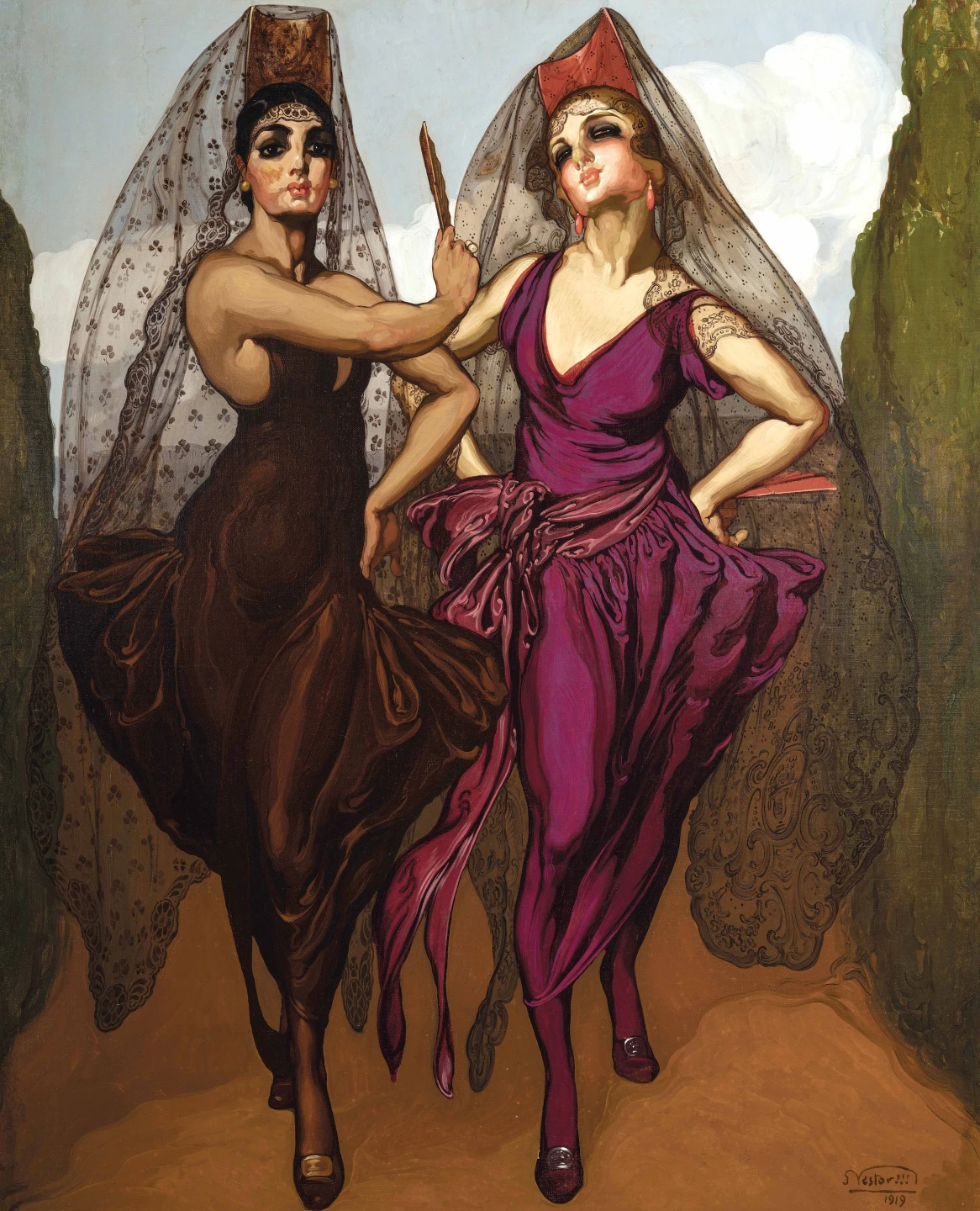 Pintura al óleo titulada Mantillas (1915) de Néstor Martín-Fernández de la Torre. Representa a dos mujeres caminando hacia el espectador, vestidas con largos vestidos y cubiertas con mantillas. El fondo muestra un paisaje natural con árboles altos y cielo azul con nubes