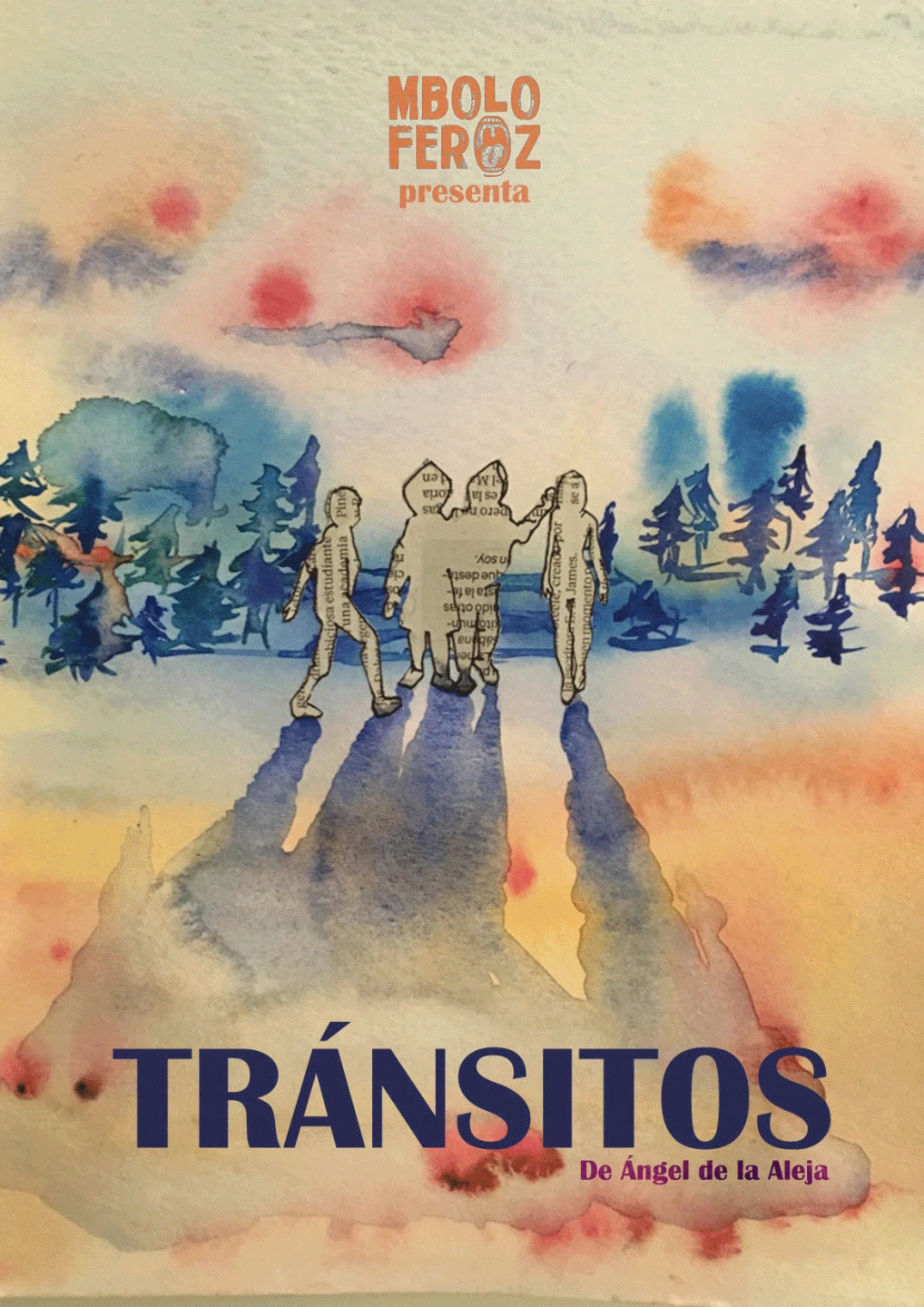 Cartel de la obra Tránsitos. Ilustración: Meri Castillo. Maquetación: Paloma Lara. Realizado en el taller de pintura de Mbolo Moy Dole impartido por Zaida Escobar