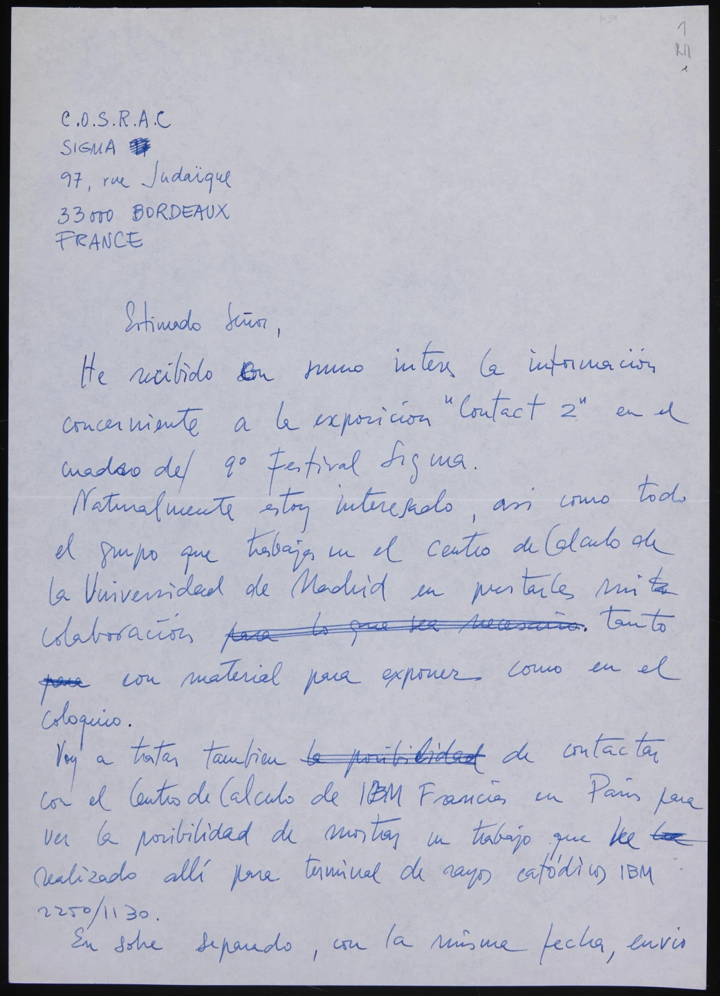 Carta al Comité d'organisation de la semaine de recherche et d'action culturelle (COSRAC), 1973