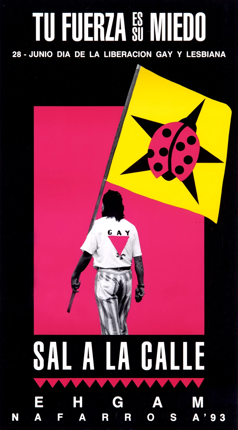 Cartel Tu fuerza es su miedo: sal a la calle: 28-junio, día de la liberación gay y lesbiana, EHGAM, 1993. ¿Archivo queer? Biblioteca y Centro de Documentación del Museo Reina Sofía