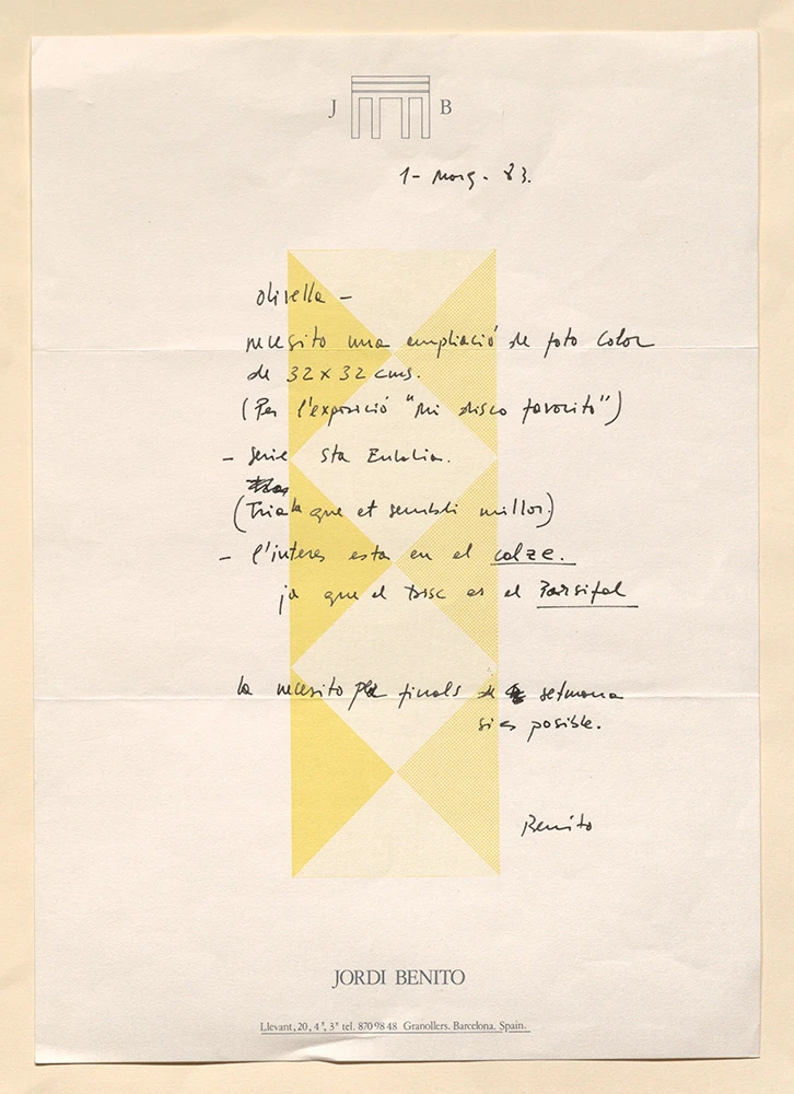 Escrito de Jordi Benito a Eduard Olivella, 1983. Archivo Eduard Olivella / Jordi Benito. Biblioteca y Centro de Documentación del Museo Reina Sofía