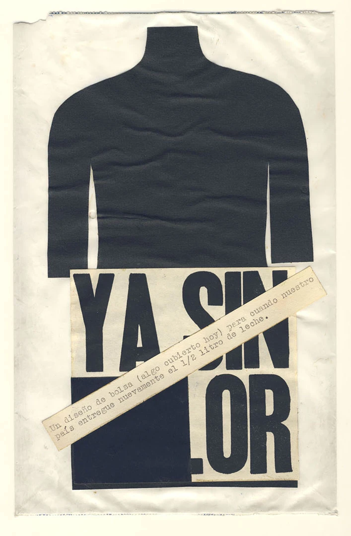 CADA, bolsa de leche vacía con intervención de Luz Donoso durante la acción Para no morir de hambre en el arte, 1979. Archivos en uso